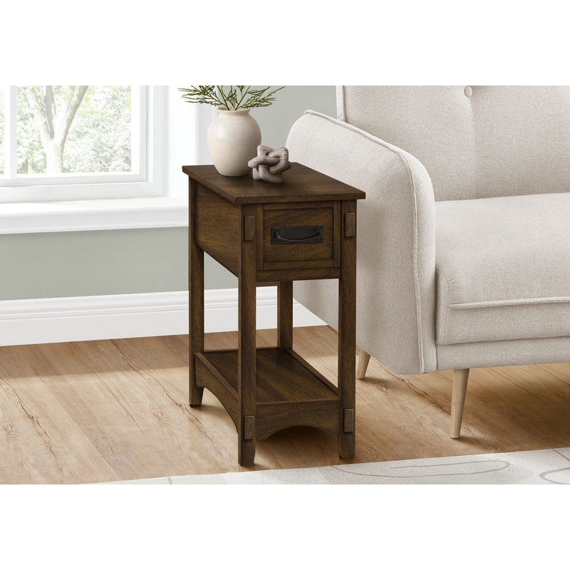 Accent End Table, 2 Tier, Narrow, Storage Drawer, Transitional – Walnut