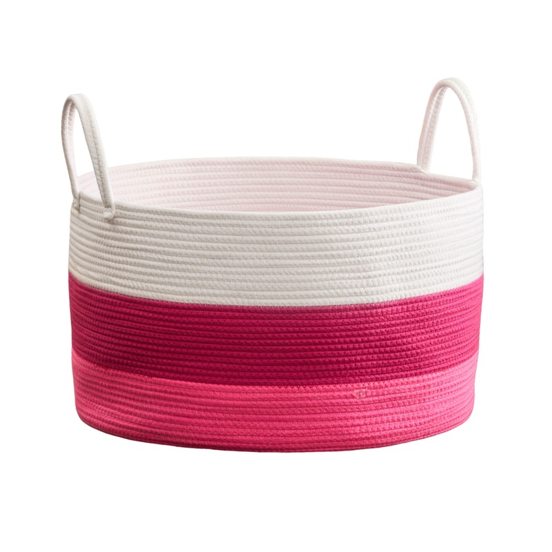 Cotton Round Laundry And Storage Basket With Handles – Pink / White