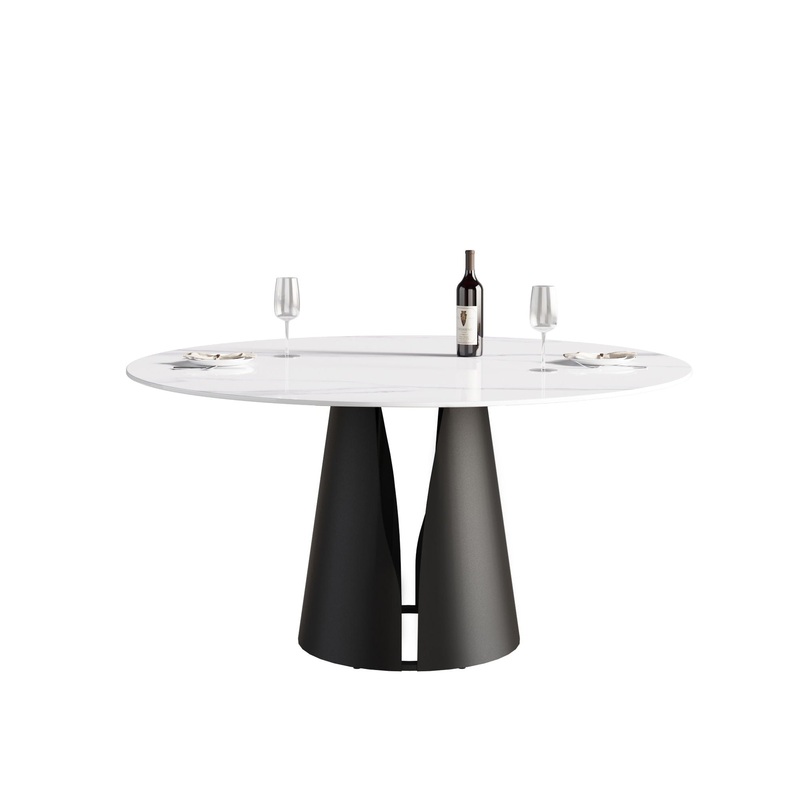 59.05 Modern Artificial Stone Round Carbon Steel Base Dining Table – White / Black
