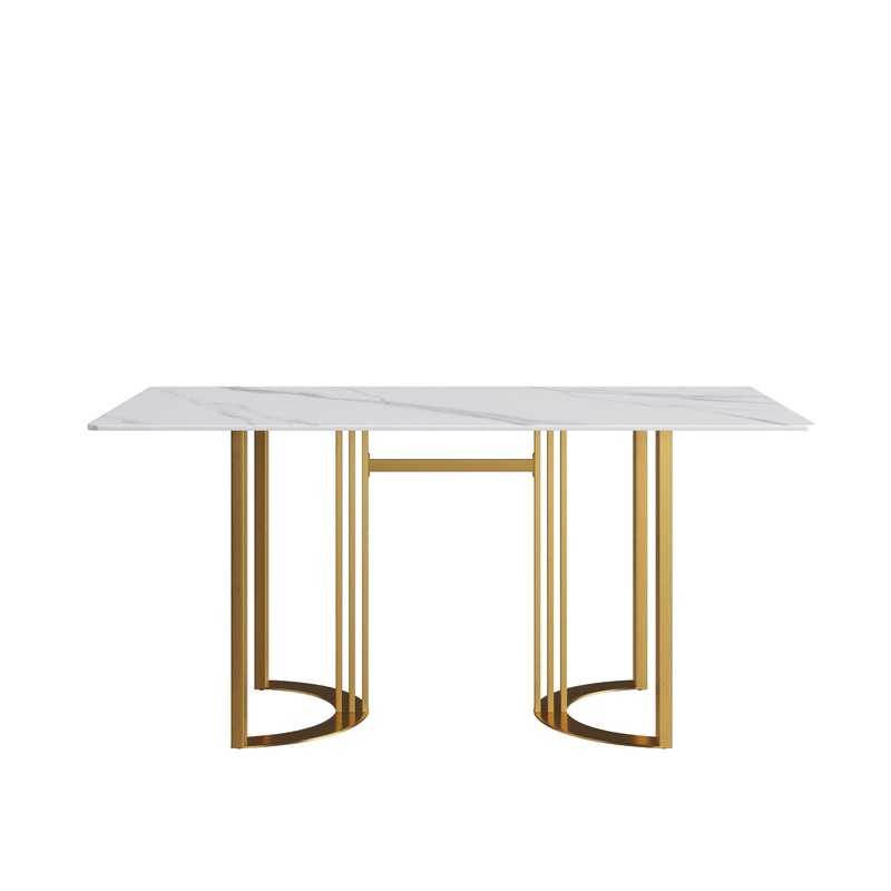63 Modern Artificial Stone Straight Edge Metal Leg Dining Table, 6 People – White / Gold