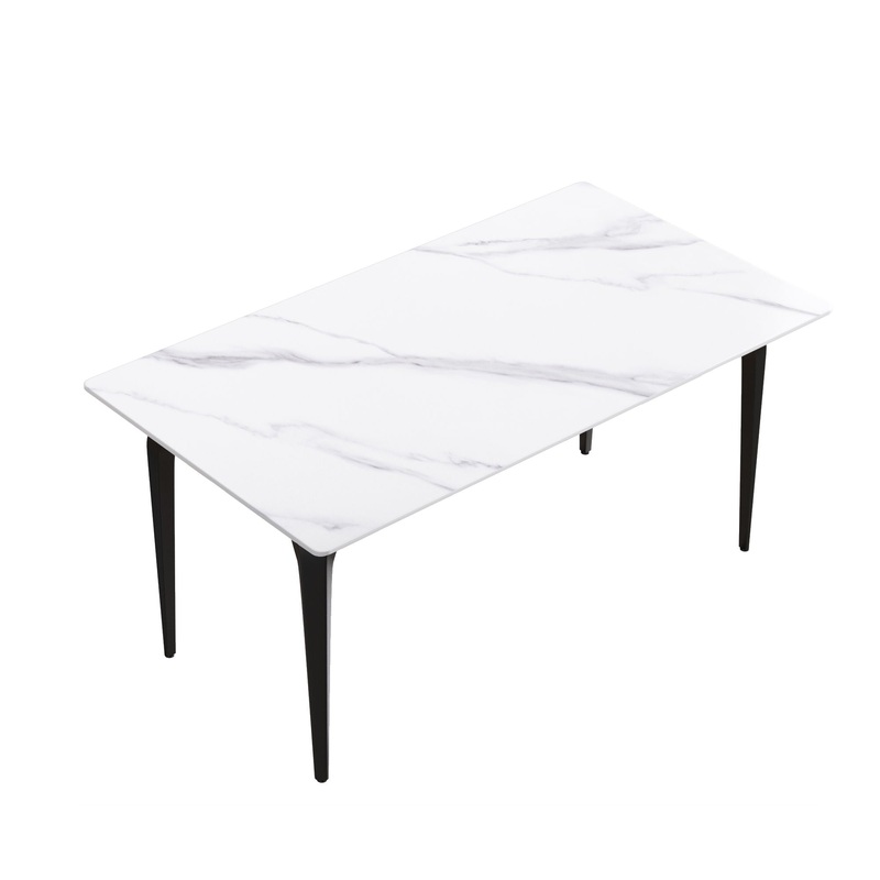 63 Modern Artificial Stone White Straight Edge Black Metal Leg Dining Table, 6 People – White / Black