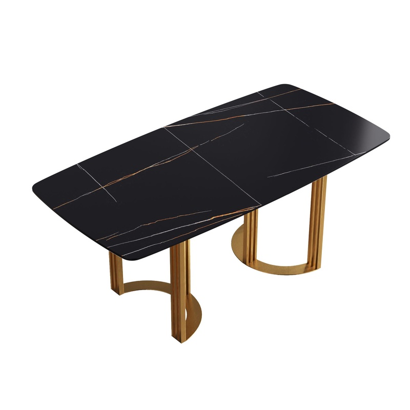 70.87 Modern Artificial Stone Black Curved Metal Leg Dining Table, Can Accommodate 6-8 People – Black / Gold