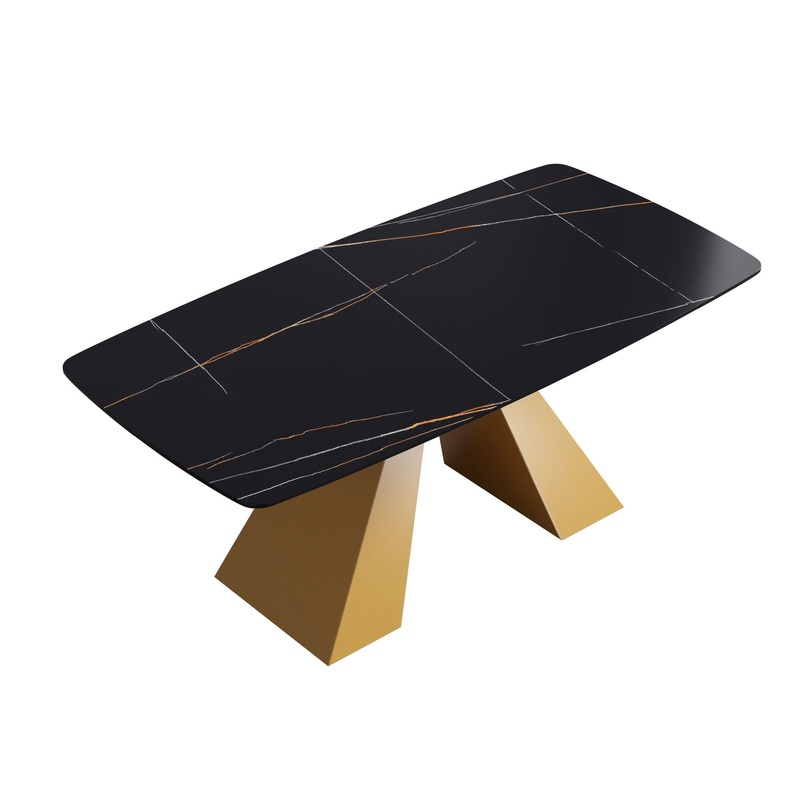 70.87 Modern Artificial Stone Curved Metal Leg Dining Table, Can Accommodate 6-8 People – Black / Gold