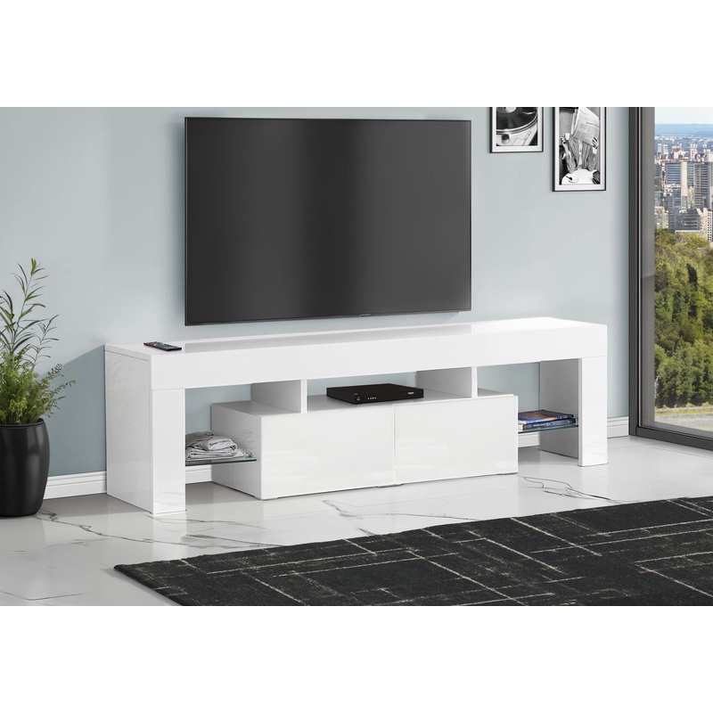 TV Stand, Console, Media Entertainment Center, Storage Cabinet, Glossy Contemporary & Modern – White