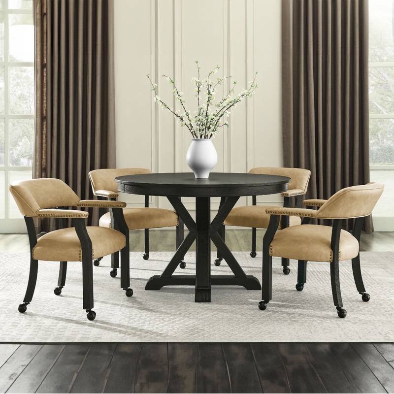 Rylie – Dining Set|Light Brown|Black|6 Pc. Table With Game Top, 4 Captains Chairs|5 Pc. Table, 4 Captains Chairs