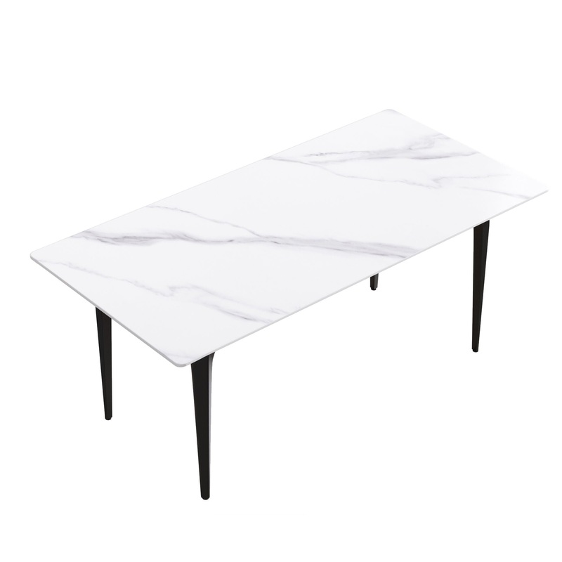 70.87 Modern Artificial Stone White Straight Edge Black Metal Leg Dining Table, Can Accommodate 6-8 People – White / Black