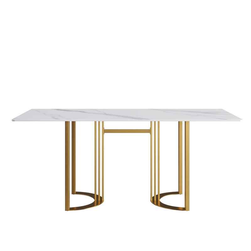 70.87 Modern Artificial Stone White Straight Edge Golden Metal Leg Dining Table, Can Accommodate 6-8 People – White / Gold
