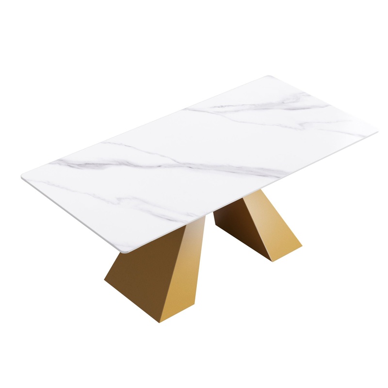 70.87 Modern Artificial Stone White Straight Edge Metal Leg Dining Table – White / Gold