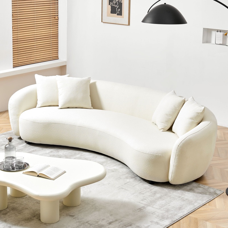 Modern Curved Sofa Mid-Century Comfy Half Moon Teddy Fabric Couch, 101 Upholstered With 4 Throw Pillows For Living Room – White