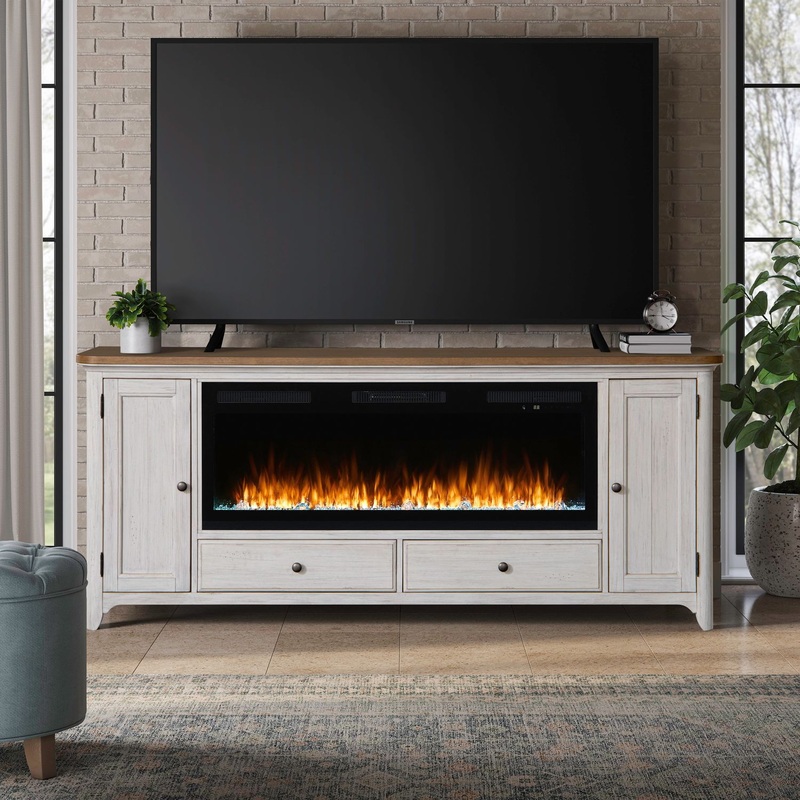 Fireplace TV Consoles – 80 Console With Fire FTS Set – Brown / White