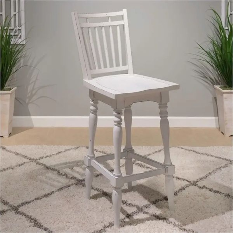 Magnolia Manor – Spindle Back Swivel Bar Stool – Antique White & Weathered Bark