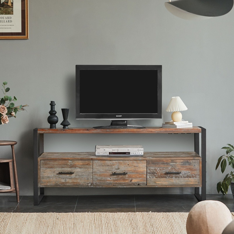 Reclaimed Wood Media TV Console Table With 3 Drarwer, Open Shelf – Antique Gray