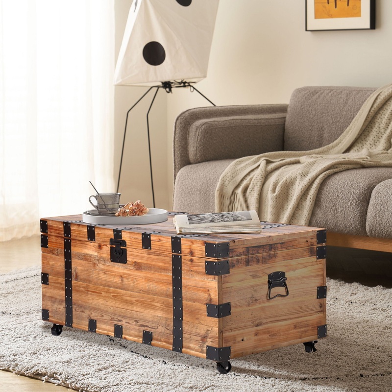Trunk Table With Four Wheel Large Capacity Storage Coffee Table – Natural / Black