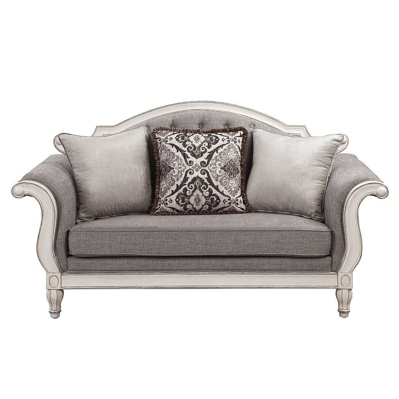Florian – Loveseat With 3 Pillows – Gray Fabric & Antique White