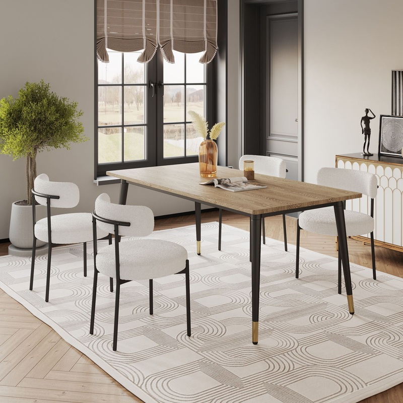 Dining Chairs (Set of 2) Round Upholstered Boucle Dining Room Chairs Mid-Century Modern Kitchen Chairs Curved Backrest Chairs For Dining Room Metal Legs – White / Black