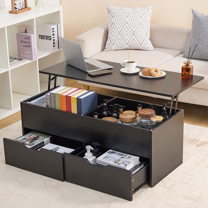 Lift-Top Coffee Table With Storage Center Tables Hidden Compartment & 2 Drawers, Sofa Table For Living Room – Black