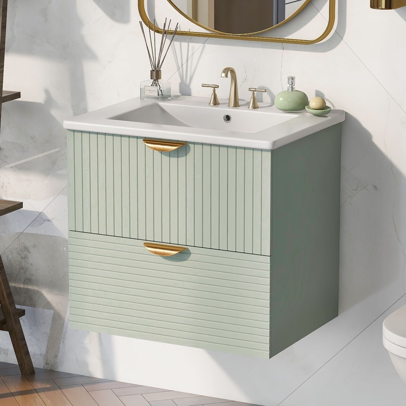 Modern Wall-Mounted Bathroom Vanity With 2 Drawers, Ideal For Small Bathrooms – Green