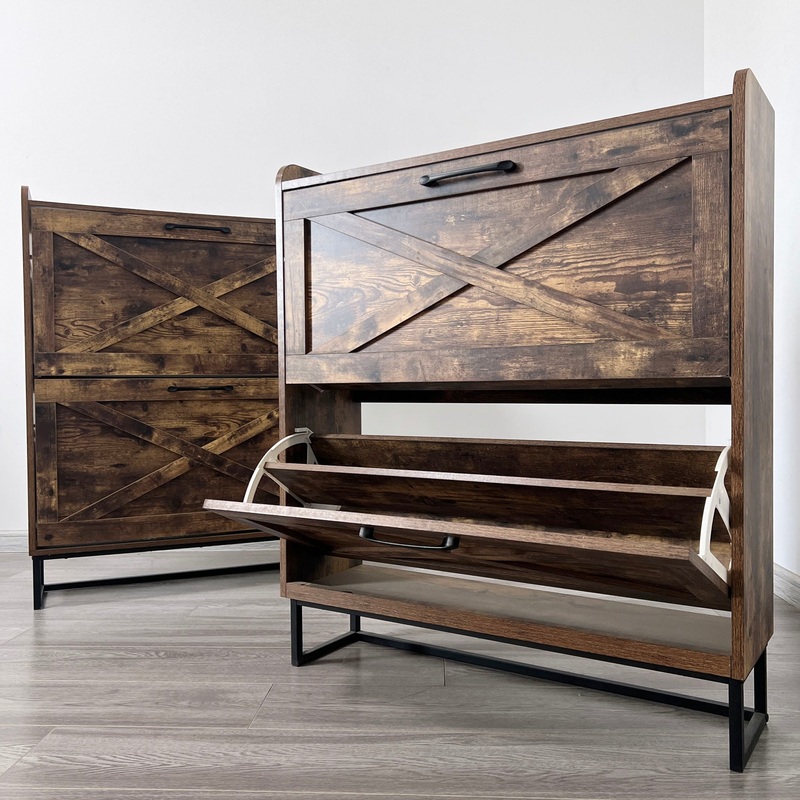 Shoe Storage Cabinet With 2 Flip Drawers, Freestanding Organizer With Metal Legs For Entryway, Narrow Shoe Rack Cabinet – Rustic Brown