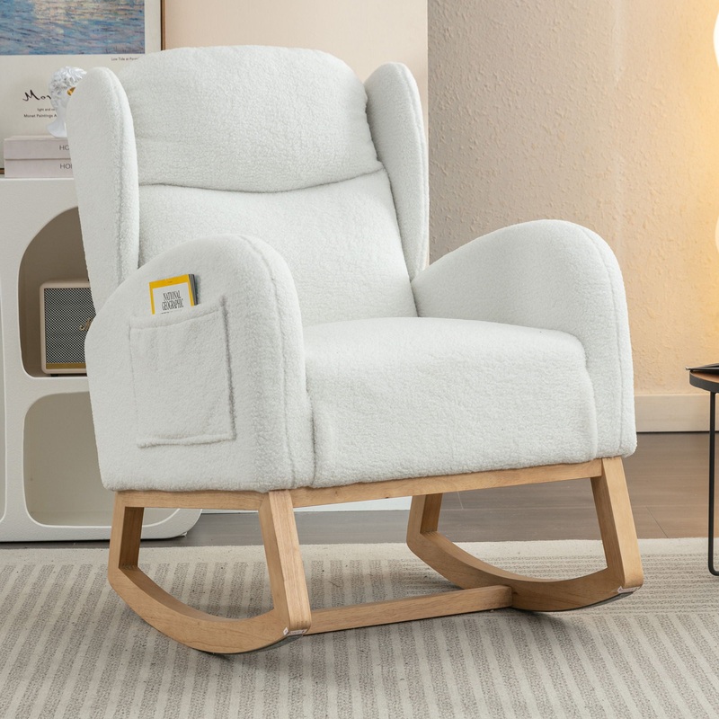 Teddy Fabric Rocking Chair With Packet Wood Legs – Ivory