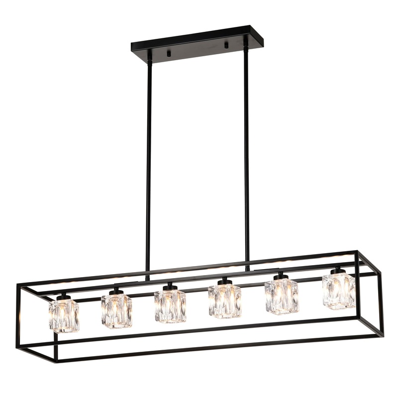 6 Light Farmhouse Chandelier, Modern Industrial Linear Rectangular Crystal Pendant Light Cage Chandelier For Dining Room, Kitchen Island, Bar, Long Table, G9*6 Bulbs Included – Matte Black