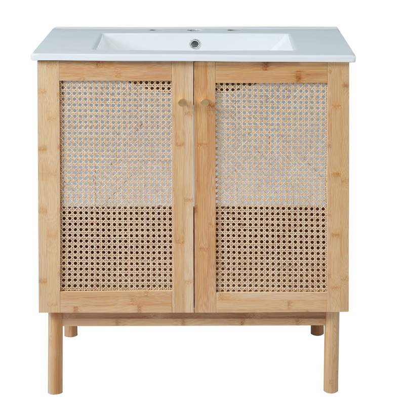Bathroom Vanity Crafted From Natural Materials, Featuring Handmade Rattan Doors And Soft-Closing Mechanisms – Light Brown