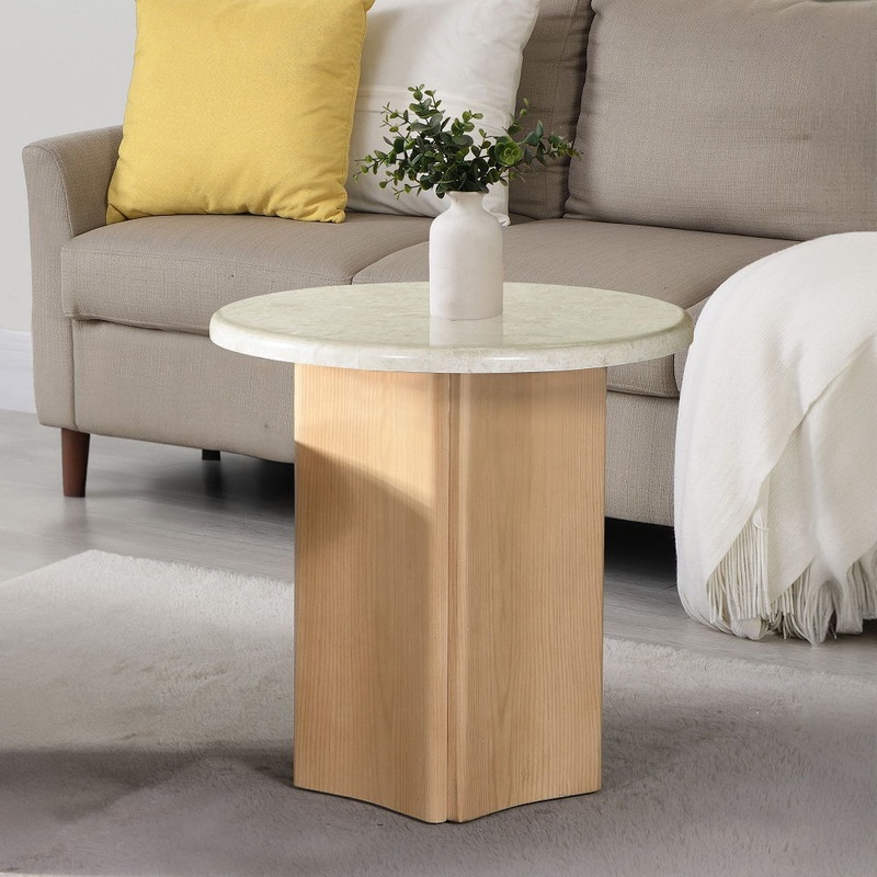 Qwin – End Table With Marble Top – Marble Top & Oak