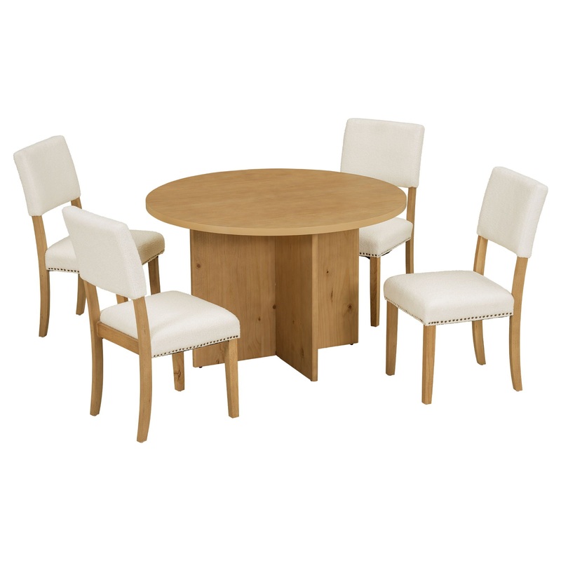 Topmax – 5 Piece Modern Round Dining Table Set Pedestal Kitchen Table Set With 4 Upholstered Dining Chairs For Studio, Apartment, Small Places