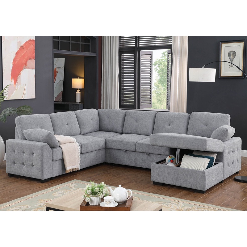 Nyhan – Upholstered Corner Sectional With Pull Out Loveseat And Storaged Chaise – Light Gray