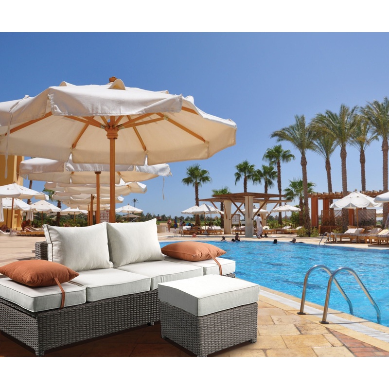 Salena – All Weather Wicker Patio Sofa & Ottoman With 2 Toss Pillows – Beige / Gray