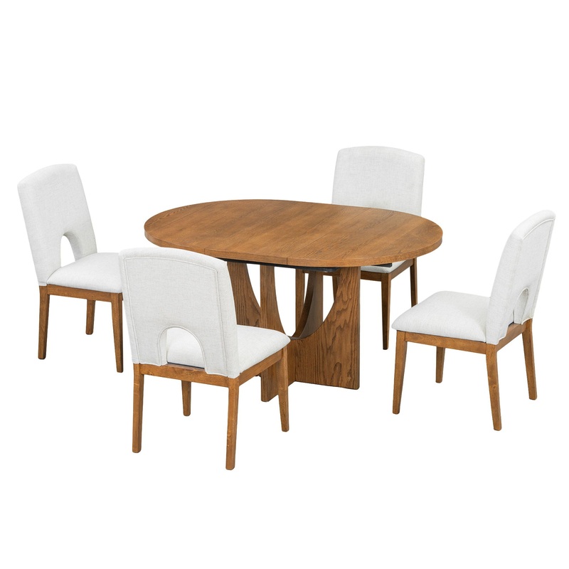 Topmax – 5 Piece Modern Extendable Round Dining Table Set With Removable Leaf For Small Places