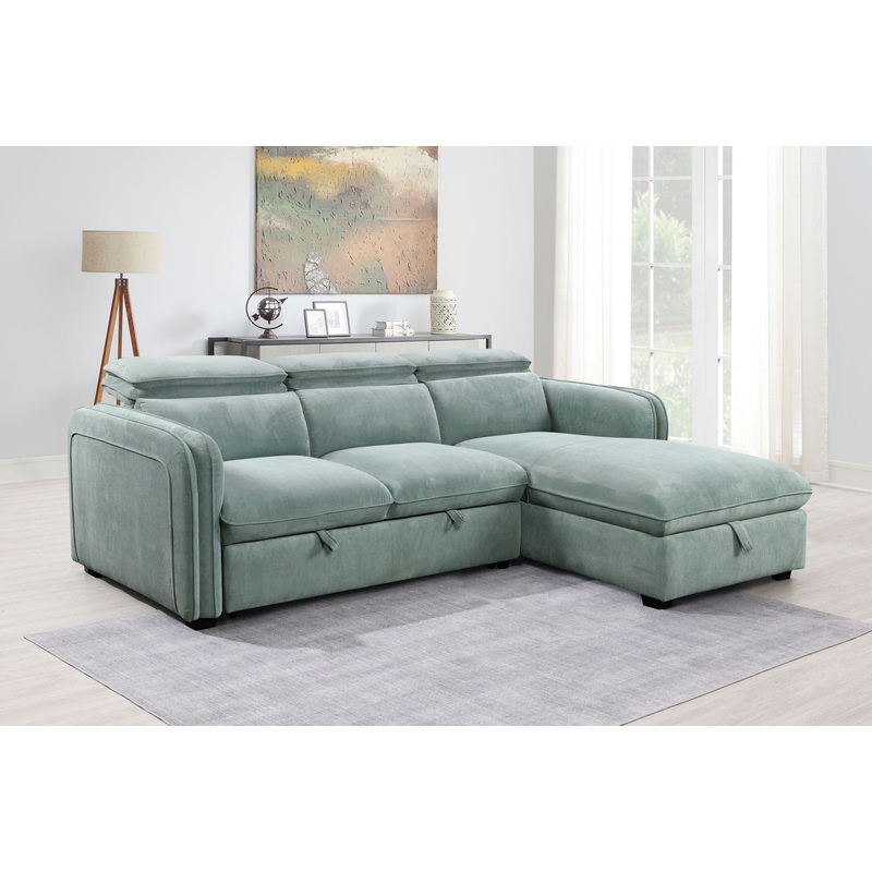 Zavala – Chenille Sectional Sofa With Sleeper & Storage – Light Green