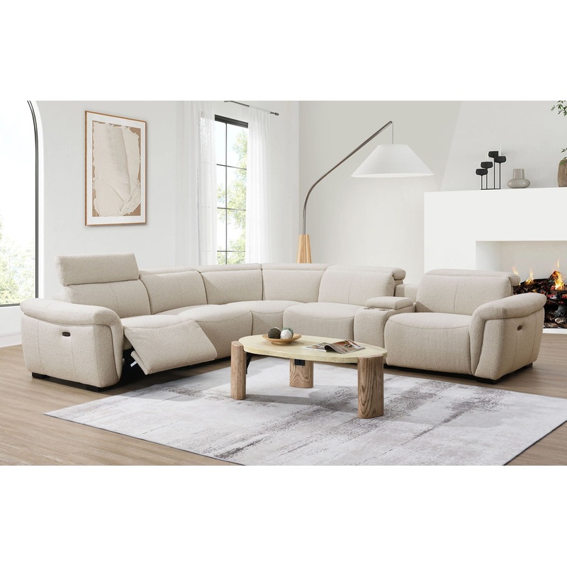 Dayana – Boucle Power Recliner Sectional Sofa For 5 People With Cupholder Console Adjustable Headrest – Beige
