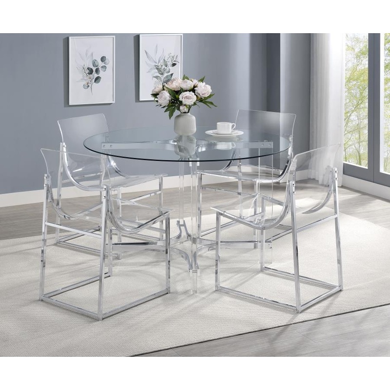 Keeling – 5 Piece Round Glass Top Acrylic Dining Set – Chrome