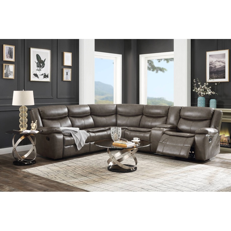 Tavin – Faux Leather Manual Recliner Sectional Sofa With Cupholder Console – Taupe