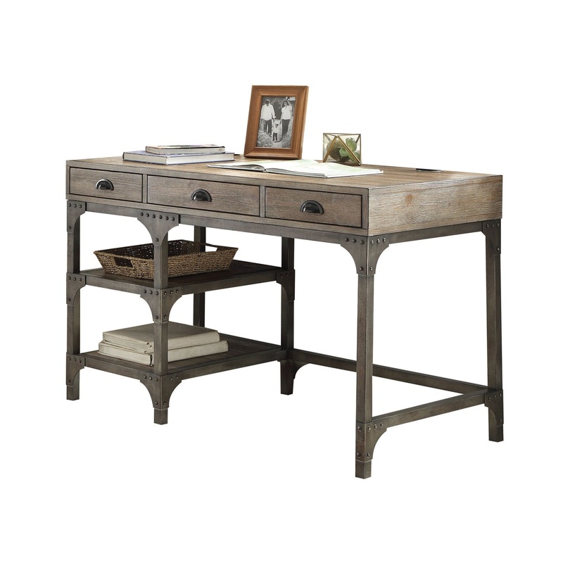 Gorden – Weathered Antique Metal Writing Desk – Oak