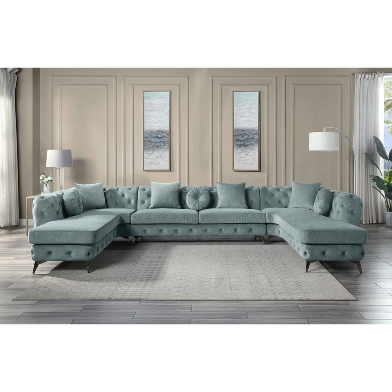 Zerah – Sectional Sofa With 7 Pillows – Dusty Blue