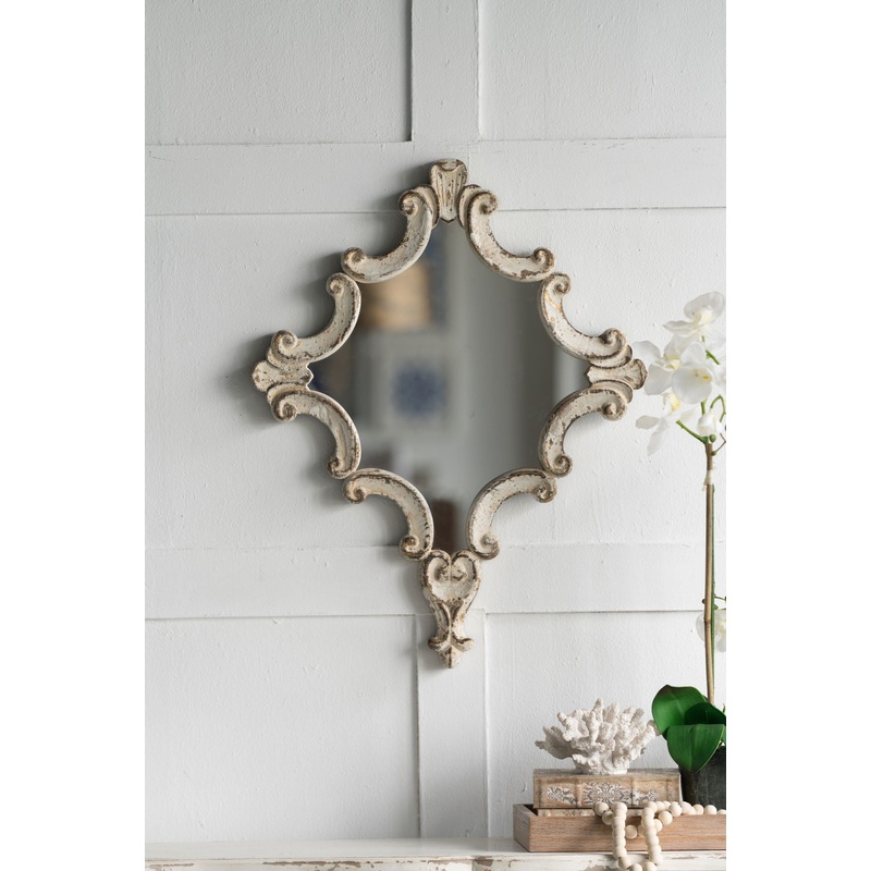 Artistic Diamond Scrollwork Mirror, Home Accent Mirror For Living Room, Entryway, Bedroom, Office – Antique White