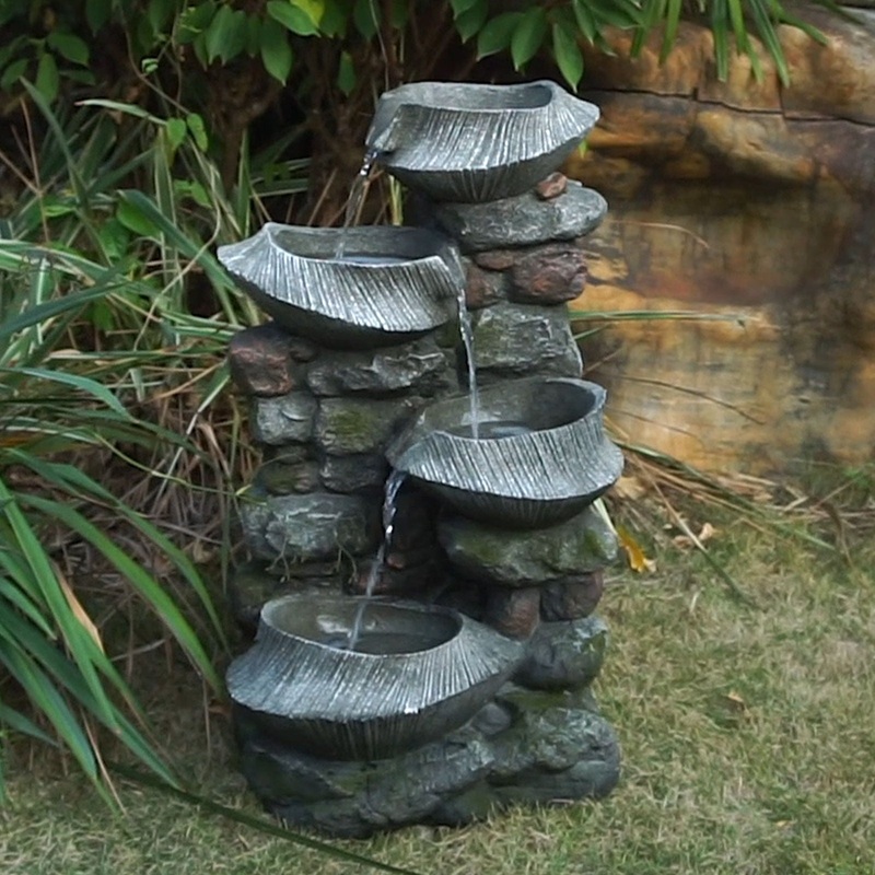 Indoor Outdoor Stone Water Fountain, 4 Tier Polyresin Cascading Rock Bowl Freestanding Fountain With LED Ligh – Gray