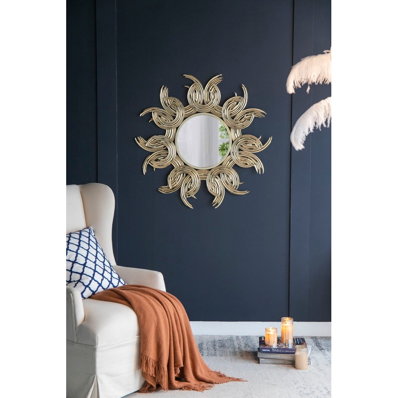 Sunburst Metal Decorative Mirror With, Boho Wall Decor Sun Mirror For Living Room Bathroom Enterway – Gold