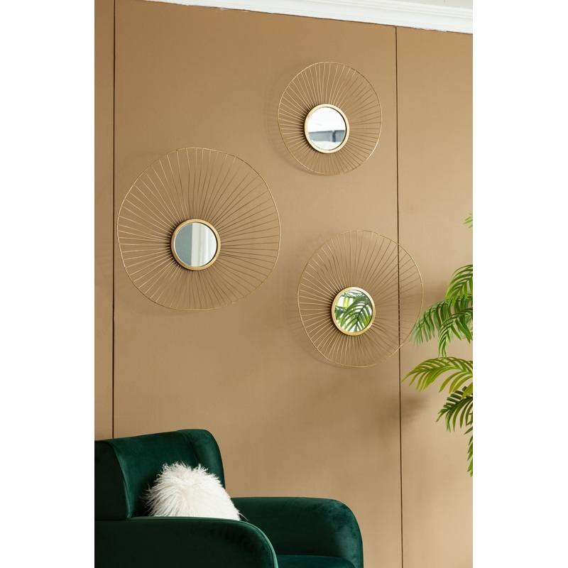 Wall Mirror Abstract Designed Wall Mirrors WithFrame For Home & Office, Top Of Sideboard (Set of 3) – Gold