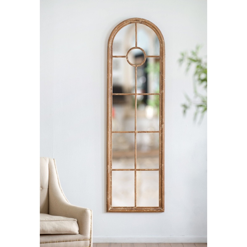 Half Round Elongated Mirror With Decorative Window Look Classic Architecture Style Solid Fir Wood Interior Decor – Brown