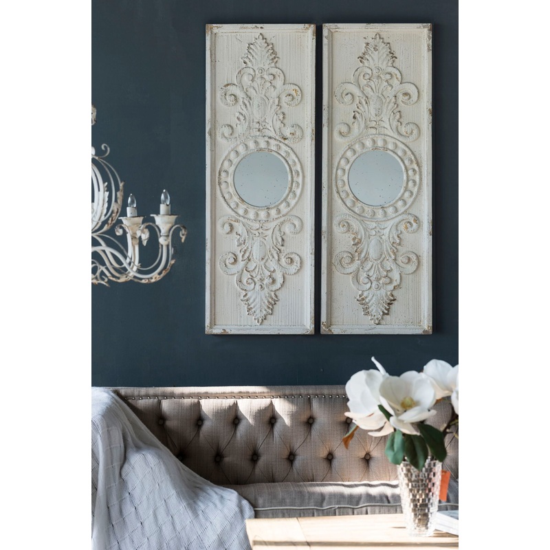 Large Wooden Wall Art Panels With Distressed Round Mirror Accents (Set of 2) – White