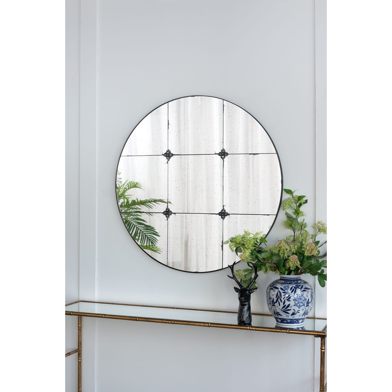 Traditional Decor Style Round Antique Glass Wall Mirror, Wall Decor For For Bathroom Entryway Console Lean Against Wall – Black