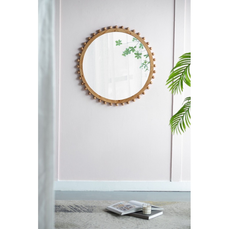 Wood Round Mirror With Beaded Frame, Circle Wall Mirror For Living Room Bedroom Entryway – Brown