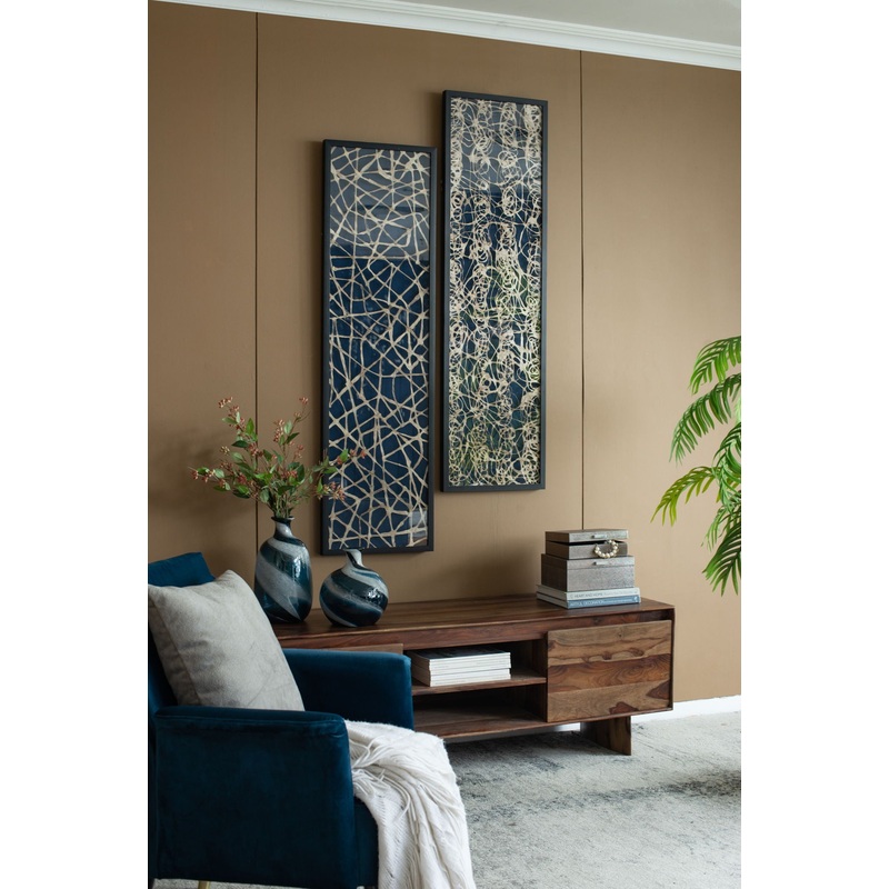 Rectangular Shaped Rice Paper Shadow Box Decor Wall Art, Transitional Style Wall Decor (Set of 2) – White / Blue