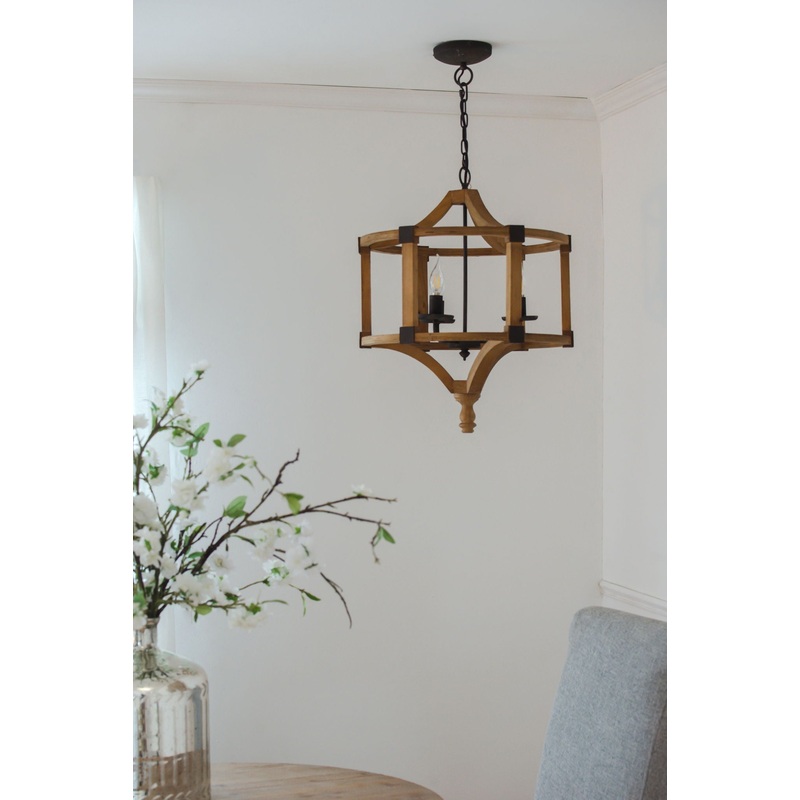 3 Light Wood Drum Chandelier, Hanging Light Fixture With Adjustable Chain For Kitchen, Bulb Not Included – Brown