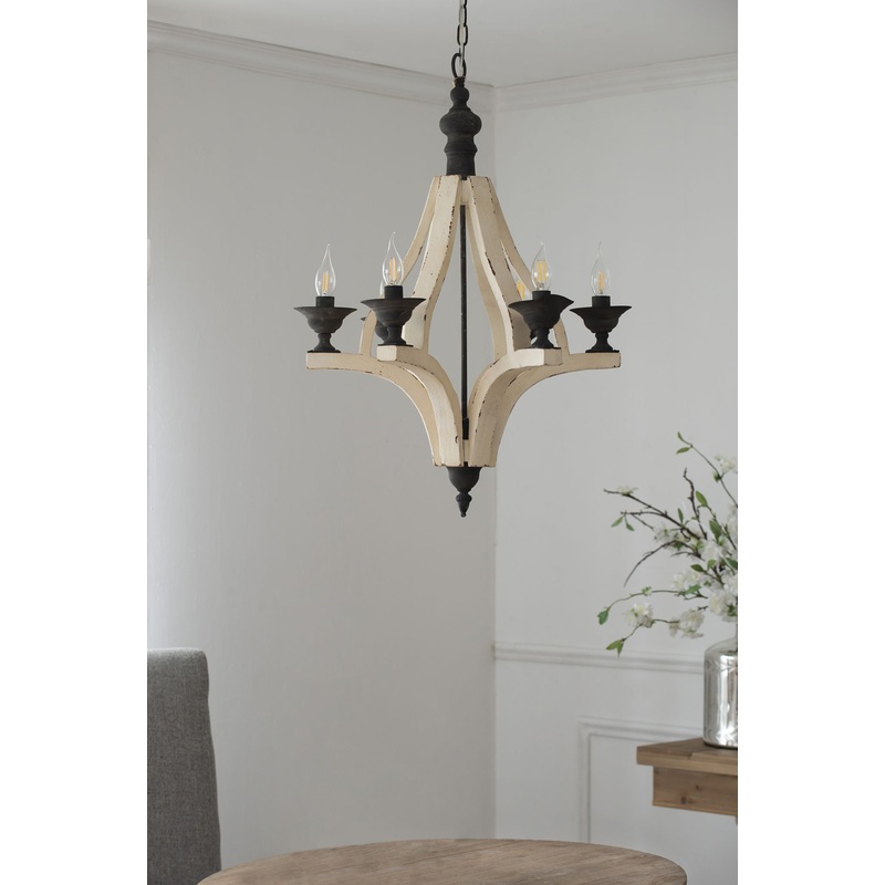 6 Light Wood Chandelier, Hanging Light Fixture With Adjustable Chain For Kitchen, Bulb Not Included – Cream