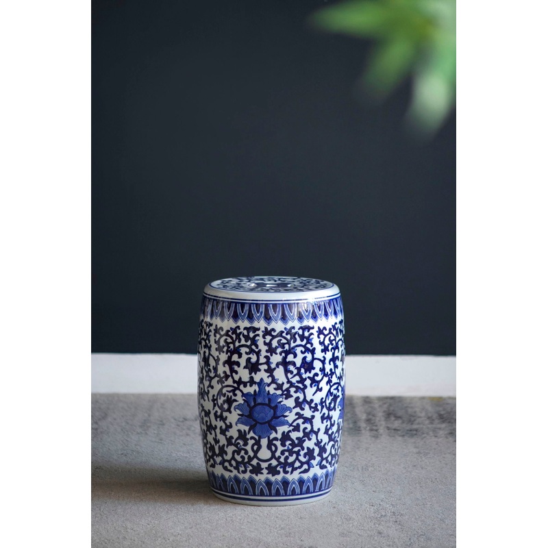 Ceramic Garden Stool, Small Side Tabel – White / Blue