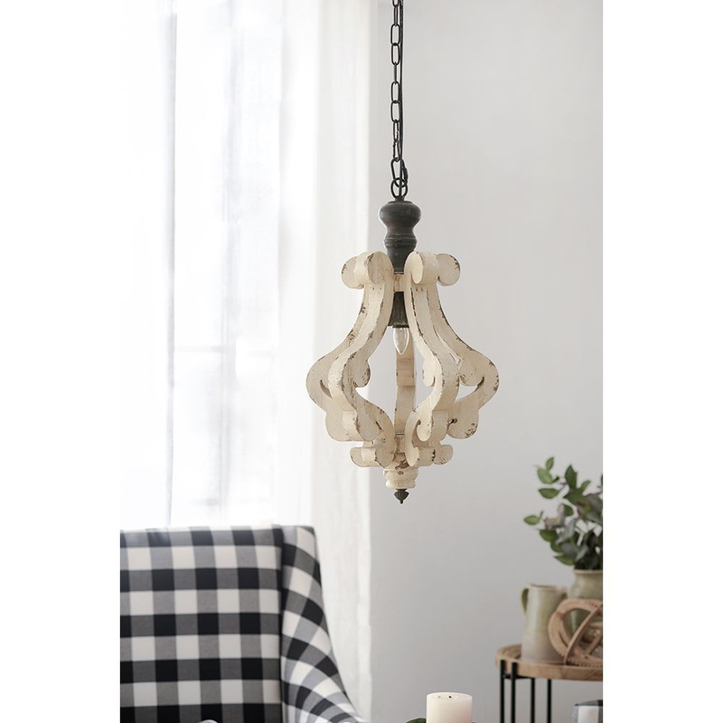 Farmhouse Chandeliar Distressed Pendant French Country Wood Chandelier For Living Room Foyer, Bulb Not Included – Antique Cream