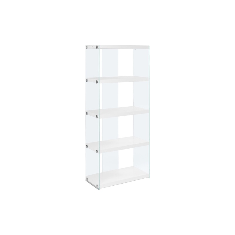 Bookshelf, Bookcase, Etagere, 5 Tier, Glossy Clear Tempered Glass – White